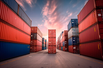 Fototapeta premium Container cargo shipping in container yard, Freight transportation, International global shipping. Generative ai edited