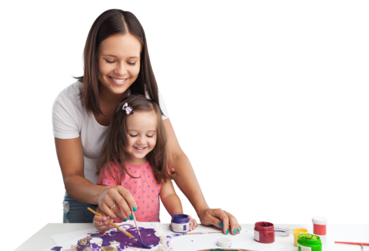 Happy young mother and daughter painting