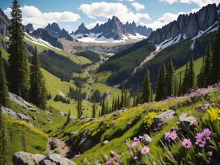 A springtime hike with scenic views of mountains, hills or valleys dotted with wildflowers.