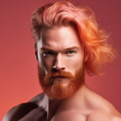 Bearded stylish man with pink and orange hair, Generative Ai