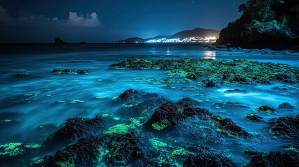 Fototapeta na wymiar view of a island glowing water in the night.Generative Ai
