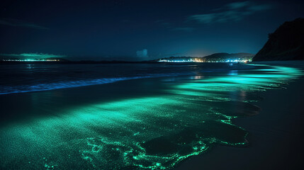 view of a island glowing water in the night.Generative Ai