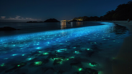 view of a island glowing water in the night.Generative Ai