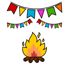 Festa Junina. June holiday party festival fire pit with colorful flags. Brazilian cultural regional celebration in June or July.