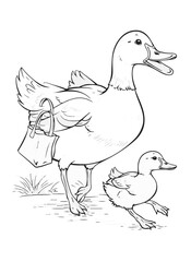 Duck vector coloring book black and white for adults isolated line art on white background.