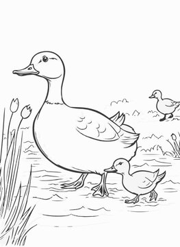 Duck vector coloring book black and white for adults isolated line art on white background.