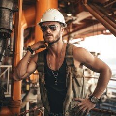 Construction working wearing sunglasses and helmet, Generative Ai