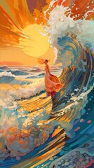Ocean waves and sun. AI generated art illustration.
