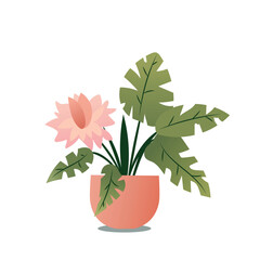 Indoor plants flat color illustration. Realistic houseplant in beige pot on metal stands. Exotic flowers with stems and leaves. Isolated botanical design element