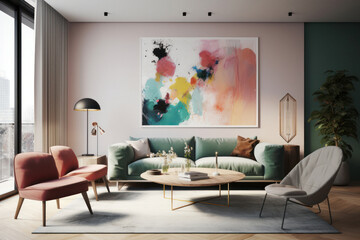 Sleek and Modern Living Room with Colorful Abstract Poster