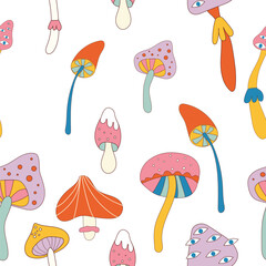 Groovy hippie 70s set. Funny cartoon flower, rainbow, Love, heart, daisy, mushroom etc. Sticker pack in trendy retro psychedelic cartoon style. Isolated vector illustration. Retro vintage flowers.