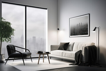 Sleek Modern Living Room with Statement Cityscape Poste
