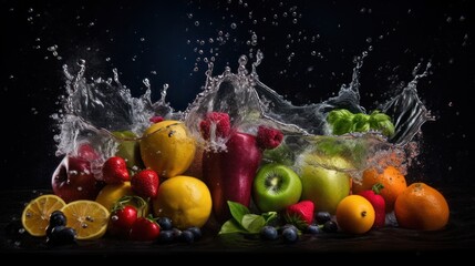 Fototapeta na wymiar Fruits and vegetables splash into water, generative ai