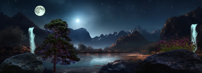  Beautiful nature landscape,mountains in lagoon with waterfall and trees rock and wild flowers  at night bright moon and starry sky ,Aurora Borealis flares,reflection on sea water ,generated ai