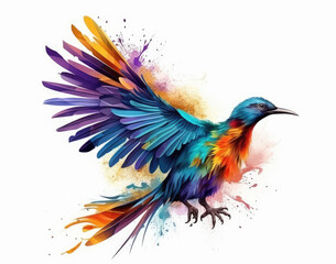 Fantastic bird with multicolored feathers, white background, Generative AI