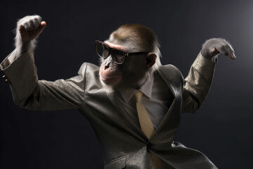 Obraz premium Dancing monkey wearing suit and sunglasses, Generative AI