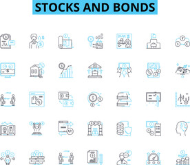 Stocks and bonds linear icons set. Asset, Dividend, Portfolio, Securities, Yield, Trading, Investment line vector and concept signs. Equity,Buy,Sell outline illustrations Generative AI - obrazy, fototapety, plakaty