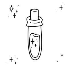 Magic potion in a vial in the form of a test tube. Doodle vector illustration, clipart.