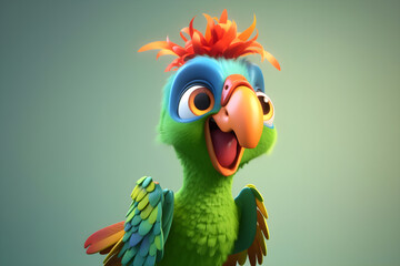 Smiling cartoon colorful parrot on a green background. Generative AI.