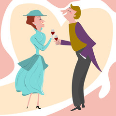 Fototapeta na wymiar couple of lovers dancing while drinking glass of wine, Mid Century Modern retro vintage theme