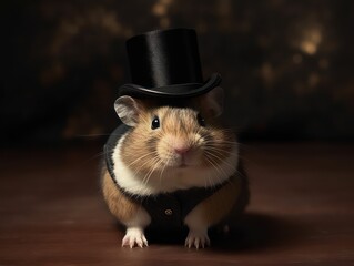 A hamster wearing a tiny top hat and bow tie