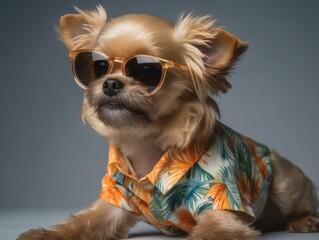 A small dog wearing a Hawaiian shirt and sunglasses