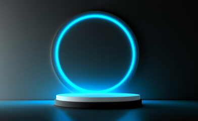 Black realistic 3d cylinder stand podium with glowing blue neon in circle shape. Abstract 3D Rendering geometric forms. Minimal scene. Stage showcase, Mockup product display.