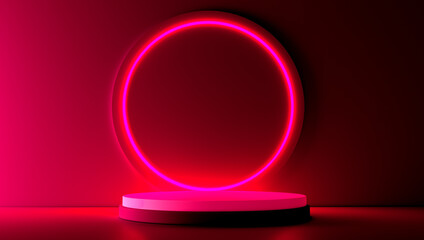 Red realistic 3d cylinder stand podium with glowing neon in circle shape. Abstract 3D Rendering rendering geometric forms. Minimal scene. Stage showcase, Mockup product display.