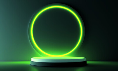 White realistic 3d cylinder stand podium with glowing green neon in circle shape. Abstract 3D Rendering geometric forms. Minimal scene. Stage showcase, Mockup product display.