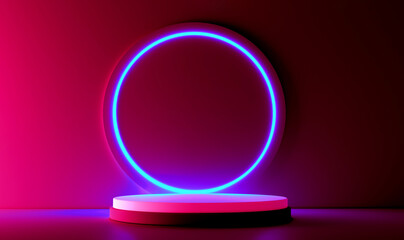 Red realistic 3d cylinder stand podium with glowing white neon in circle shape. Abstract 3D Rendering geometric forms. Minimal scene. Stage showcase, Mockup product display.