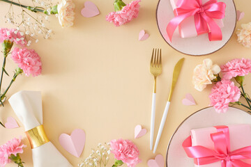 Chic Mother's Day table setting concept. Top view photo of plate with gift boxes cutlery napkin and carnation flowers and paper hearts on beige background. Flat lay with empty space for greeting