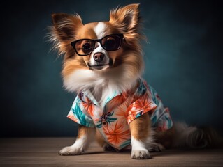 A small dog wearing a Hawaiian shirt and sunglasses