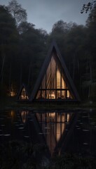 House on the river. AI generated art illustration.