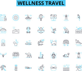 Obraz premium Wellness travel linear icons set. Relaxation, Rejuvenation, Serenity, Balance, Mindfulness, Healing, Nourishment line vector and concept signs. Fitness,Renewal,Detox outline Generative AI