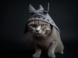 A cat wearing a shark fin costume