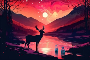Landscape with moon and tree. AI generated art illustration.