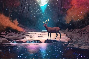 Landscape with moon and tree. AI generated art illustration.