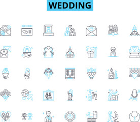 Naklejka na ściany i meble Wedding linear icons set. Love, Rings, Vows, Flowers, Dress, Cake, Venue line vector and concept signs. Ceremony,Reception,Guests outline illustrations Generative AI