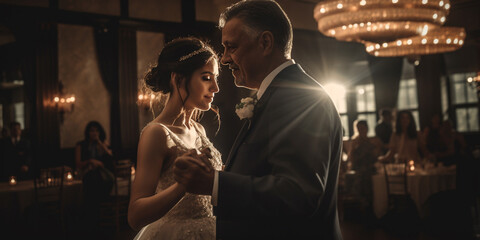 dad dancing with his daughter at her wedding. Generative AI	