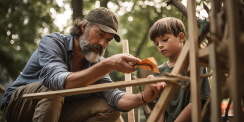 Father and son building a tree house together. Generative AI	
