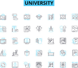 University linear icons set. Academics, Campus, Education, Student, Faculty, Research, Diversity line vector and concept signs. Community,Success,Graduation outline illustrations Generative AI