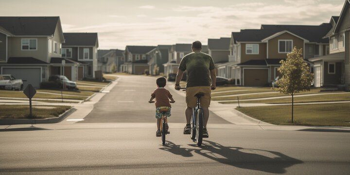 father and son riding bikes together. Generative AI	
