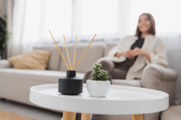 Bamboo aroma sticks and plant on coffee table near blurred woman at home.