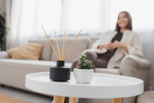 Bamboo aroma sticks and plant on coffee table near blurred woman at home.