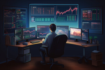 investment trader in front of monitor screens with stock charts. Generative AI	