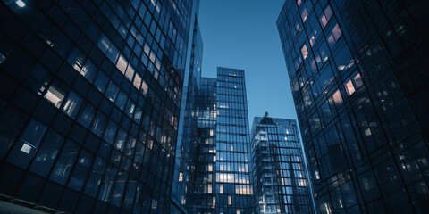 Obraz na płótnie Canvas Modern glass office buildings skyscrapers at night. Generative AI 