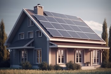 Fototapeta premium sustainable home with solar panels on roof, generative AI