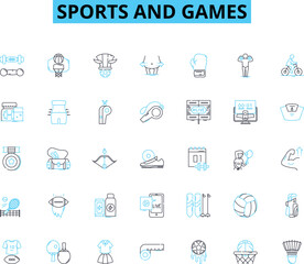 Sports and games linear icons set. Football, Basketball, Tennis, Hockey, Rugby, Soccer, Baseball line vector and concept signs. Volleyball,Golf,Swimming outline illustrations Generative AI
