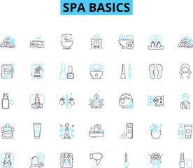 Spa basics linear icons set. Relaxation, Pampering, Massage, Soothing, Aromatherapy, Meditation, Skincare line vector and concept signs. Rejuvenation,Sauna,Wellness outline illustrations Generative AI