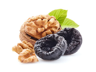  Walnuts kernel with prune on white background